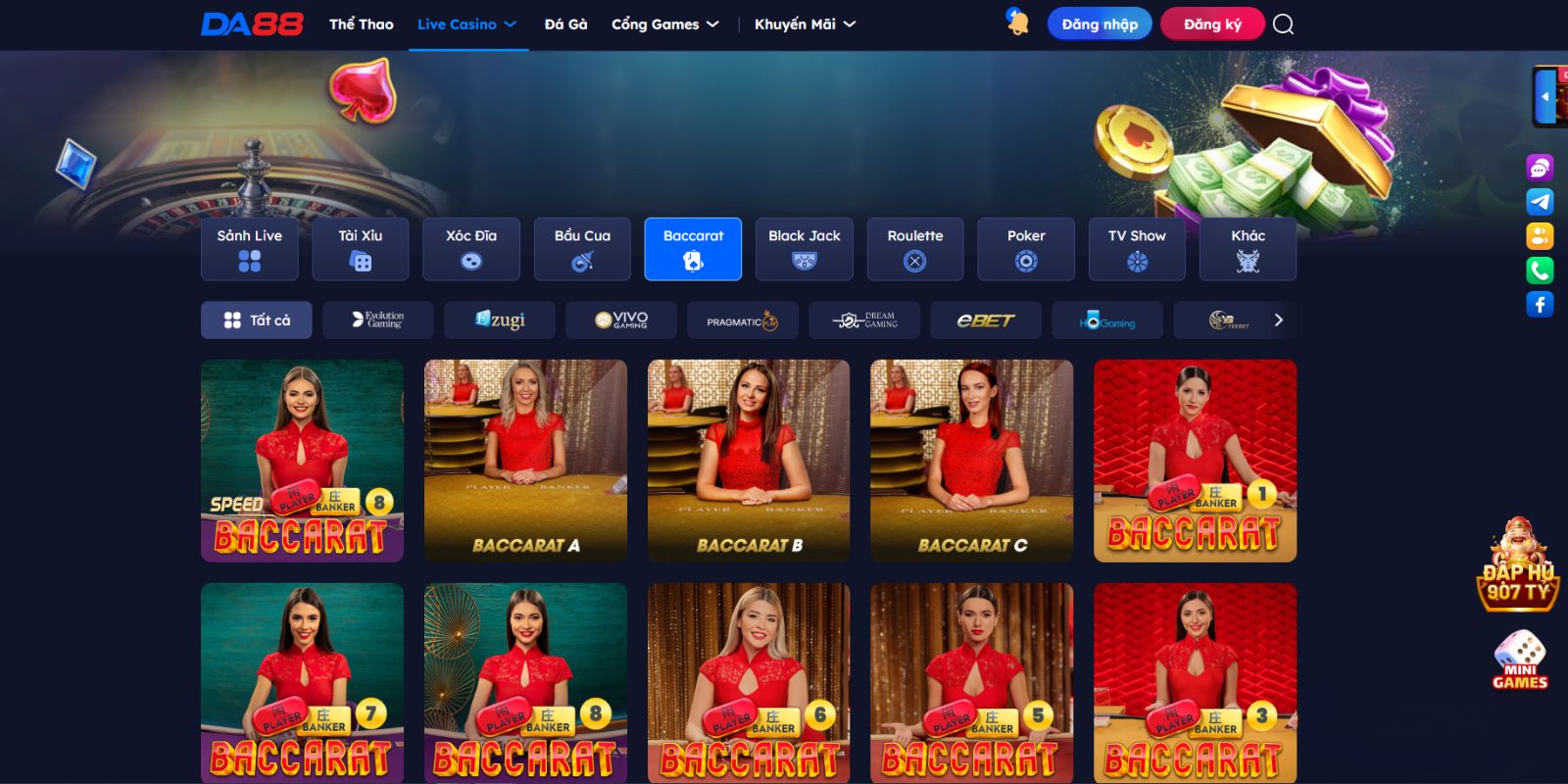 Các trò chơi cá cược tại Live Casino Da88