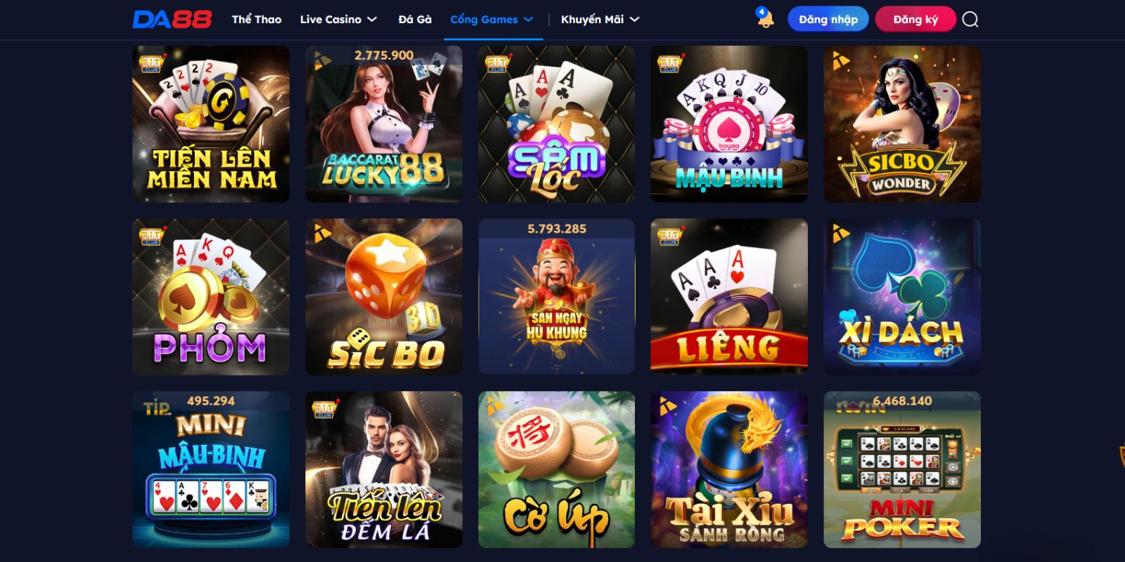 Các trò chơi tại sảnh game bài Da88
