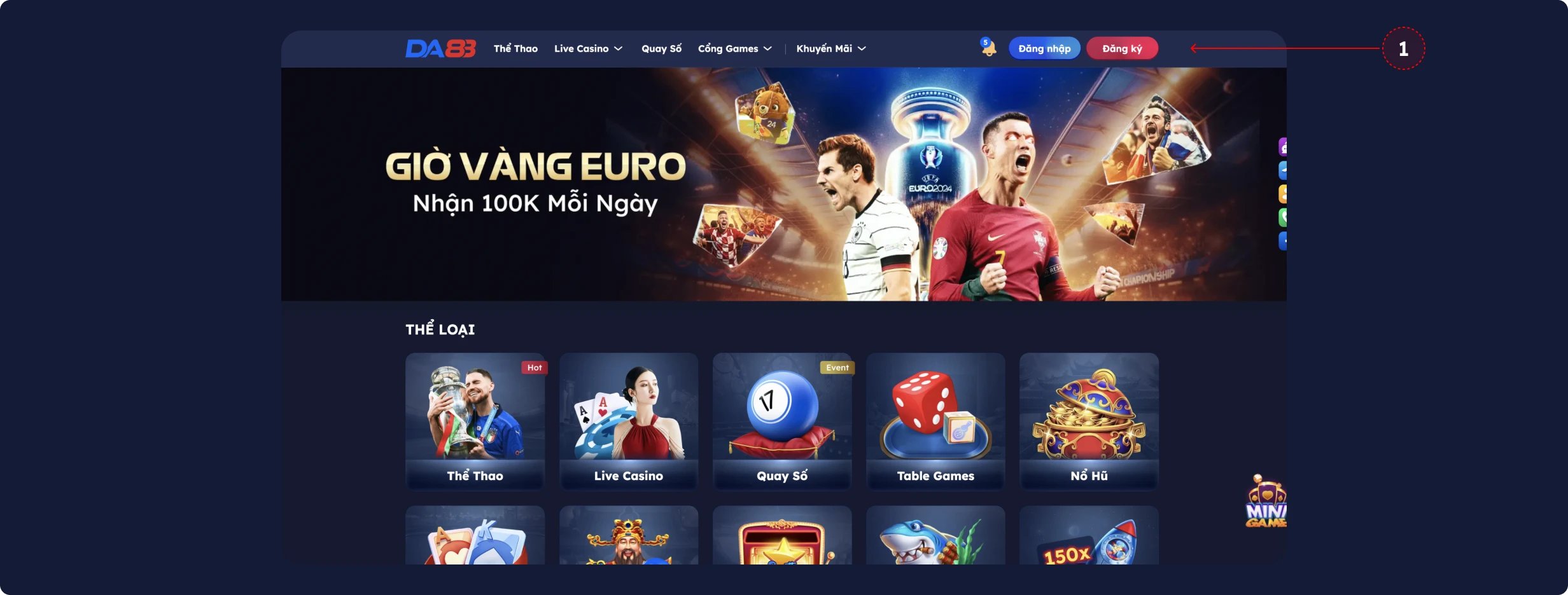 Click chọn vào mục Đăng ký ở góc trên bên phải trang chủ Da88